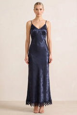 Navy Jacquard Slip Maxi Dress with Lace Trim – Wedding Guest