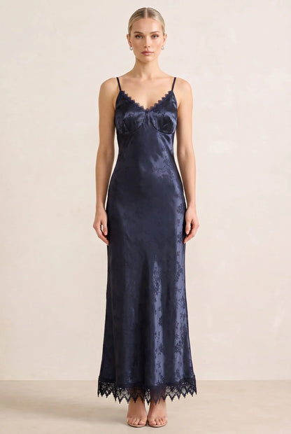 Navy Jacquard Slip Maxi Dress with Lace Trim – Wedding Guest