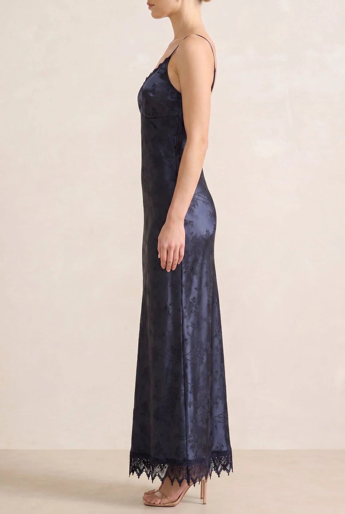 Navy Jacquard Slip Maxi Dress with Lace Trim – Wedding Guest