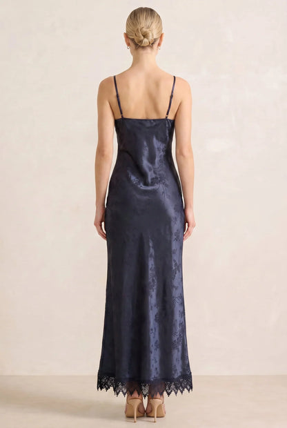 Navy Jacquard Slip Maxi Dress with Lace Trim – Wedding Guest