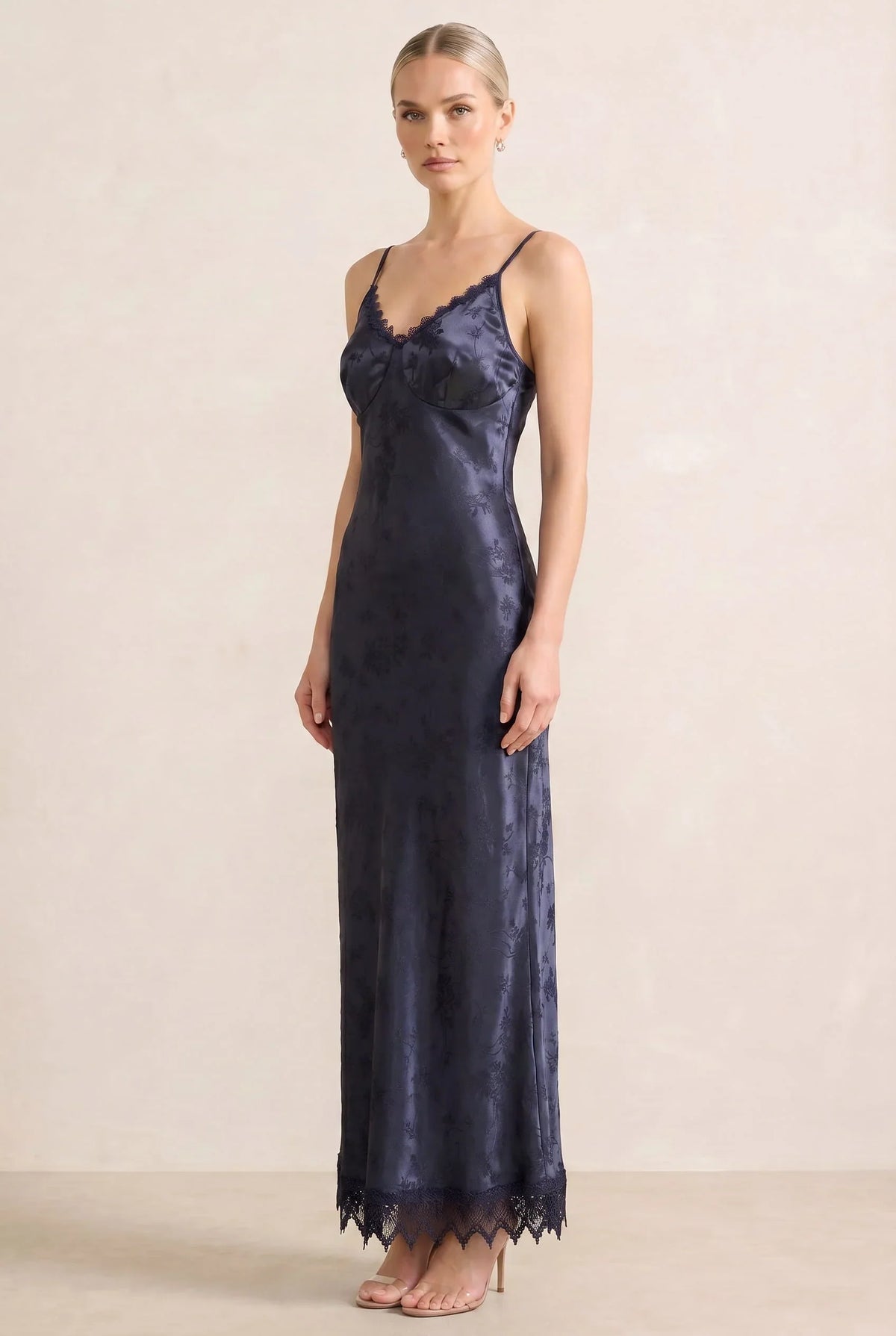 Navy Jacquard Slip Maxi Dress with Lace Trim – Wedding Guest