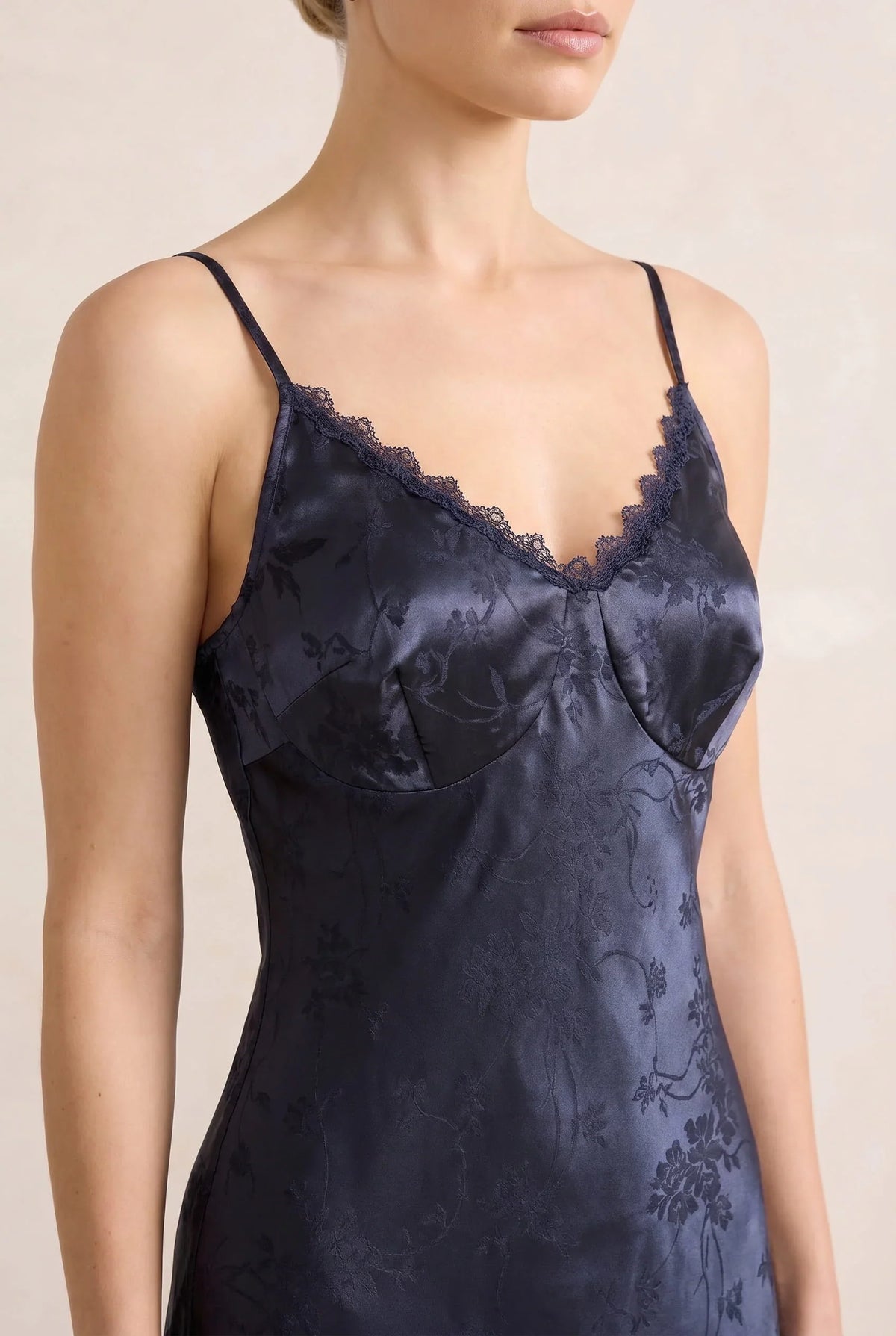 Navy Jacquard Slip Maxi Dress with Lace Trim – Wedding Guest