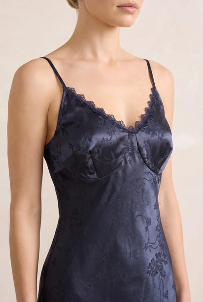 Navy Jacquard Slip Maxi Dress with Lace Trim – Wedding Guest