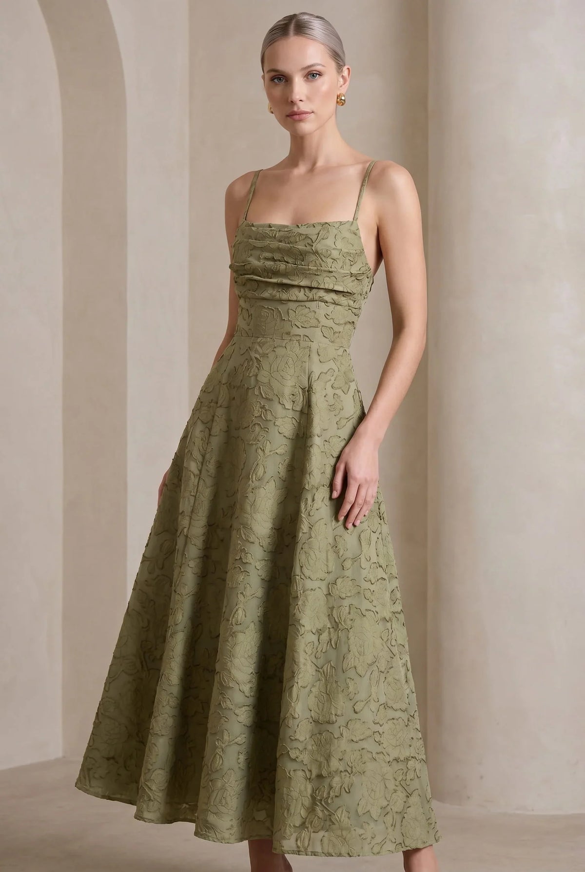 Olive Green Jacquard Square Neck Maxi Dress – Cross Back
