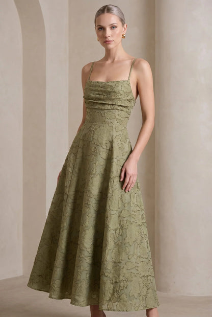 Olive Green Jacquard Square Neck Maxi Dress – Cross Back