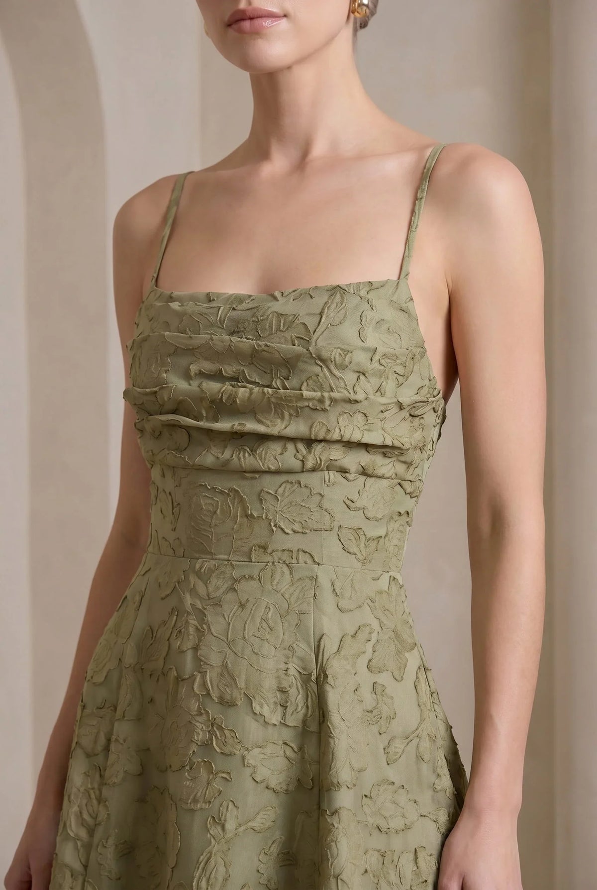 Olive Green Jacquard Square Neck Maxi Dress – Cross Back