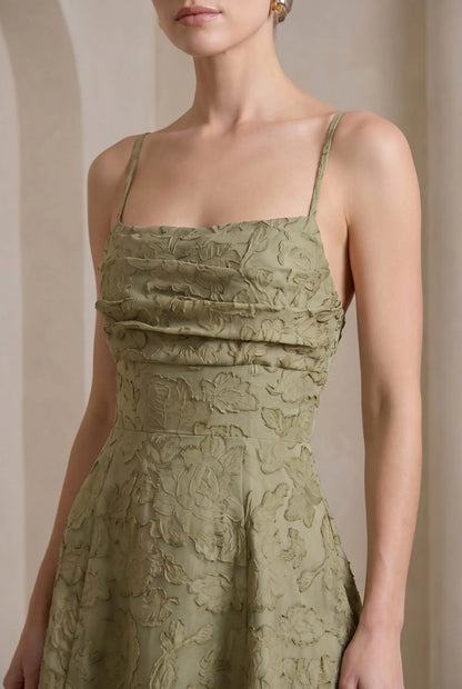 Olive Green Jacquard Square Neck Maxi Dress – Cross Back
