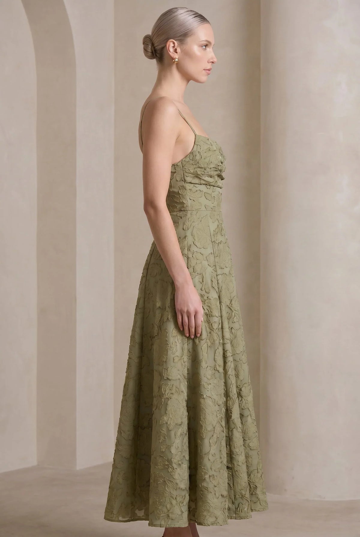 Olive Green Jacquard Square Neck Maxi Dress – Cross Back