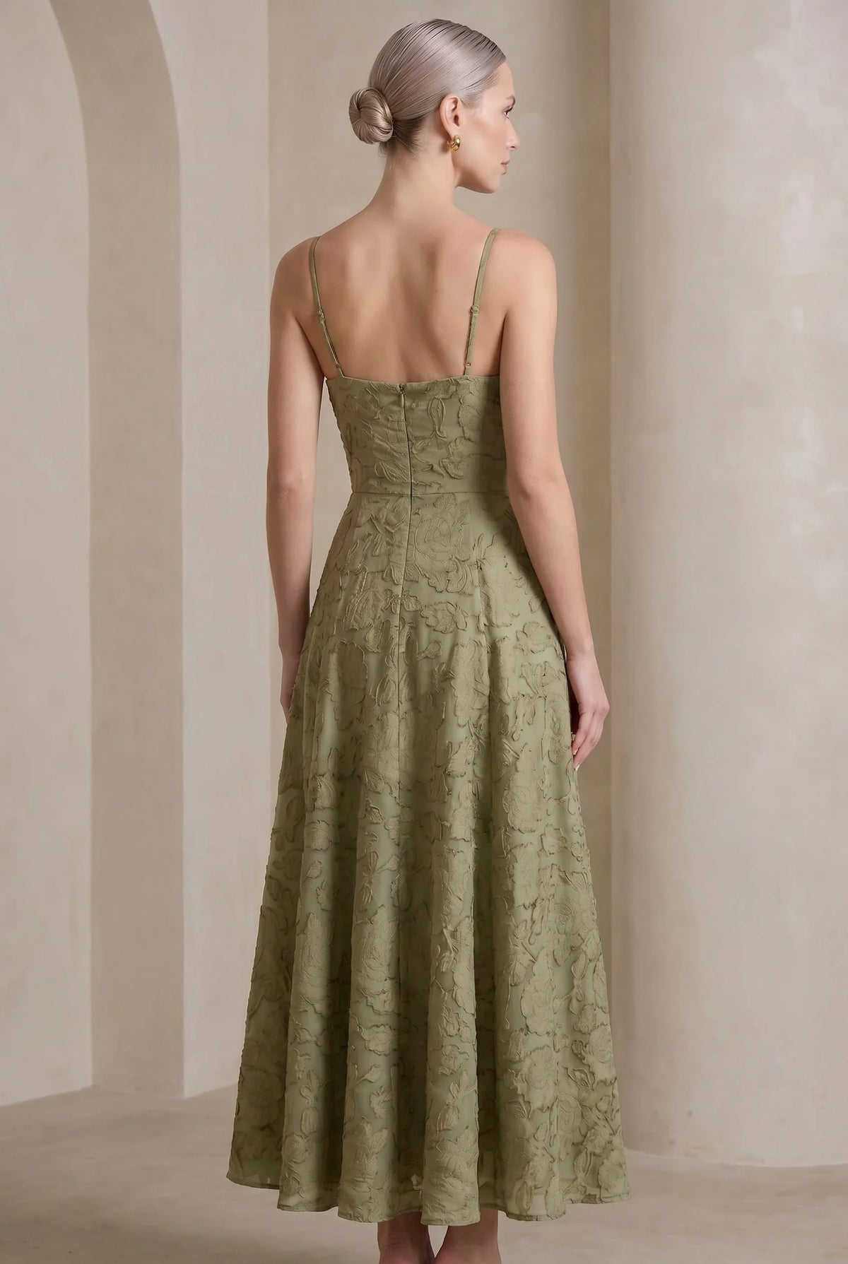 Olive Green Jacquard Square Neck Maxi Dress – Cross Back