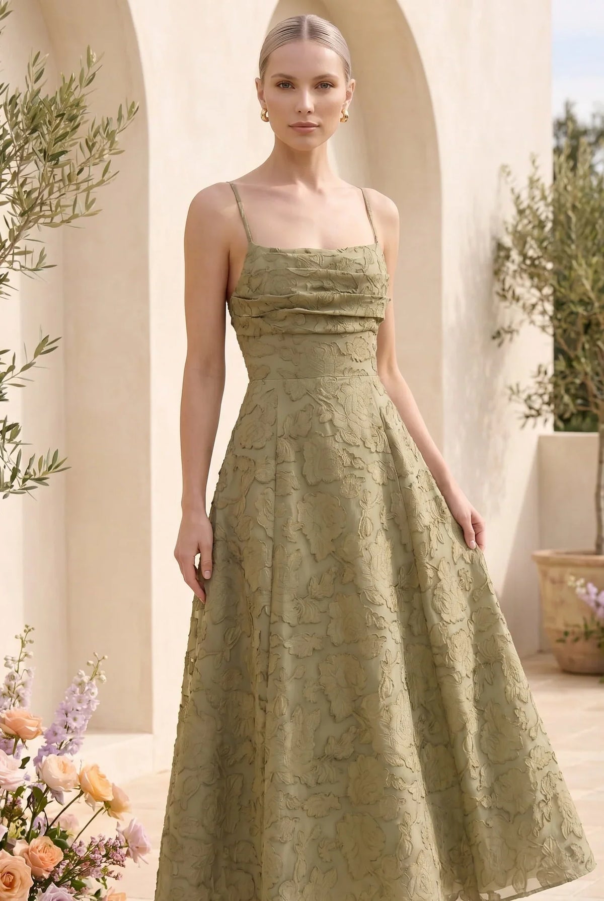 Olive Green Jacquard Square Neck Maxi Dress – Cross Back