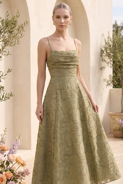 Olive Green Jacquard Square Neck Maxi Dress – Cross Back