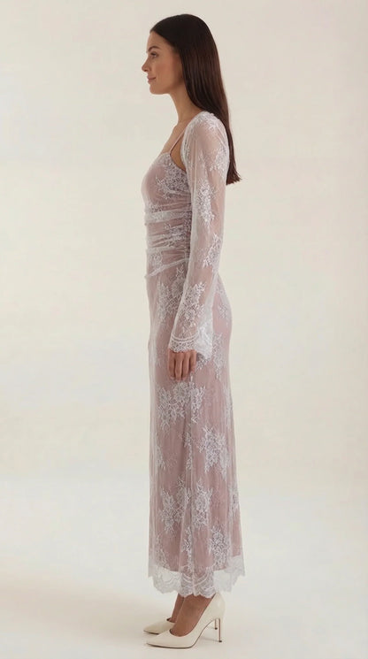 Lace Square Neck Long Sleeve Maxi Dress – Lace-Up Back Evening Gown