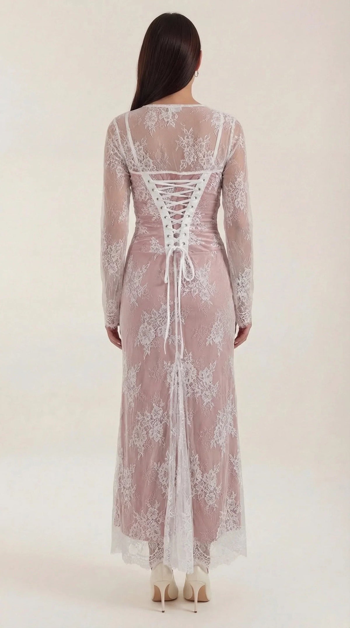 Lace Square Neck Long Sleeve Maxi Dress – Lace-Up Back Evening Gown