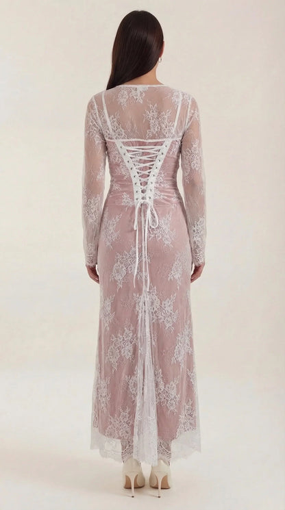 Lace Square Neck Long Sleeve Maxi Dress – Lace-Up Back Evening Gown