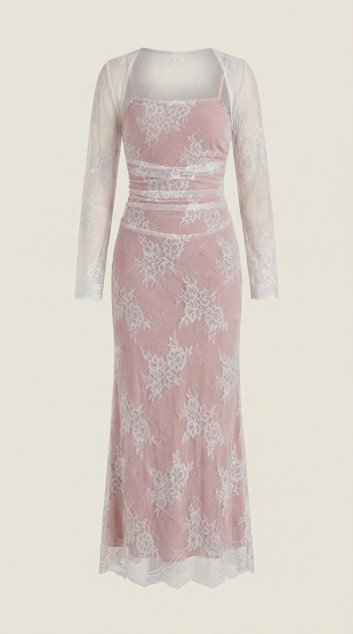Lace Square Neck Long Sleeve Maxi Dress – Lace-Up Back Evening Gown