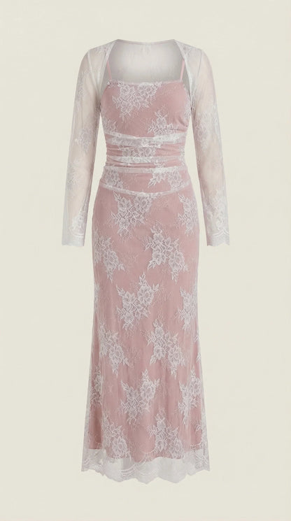 Lace Square Neck Long Sleeve Maxi Dress – Lace-Up Back Evening Gown