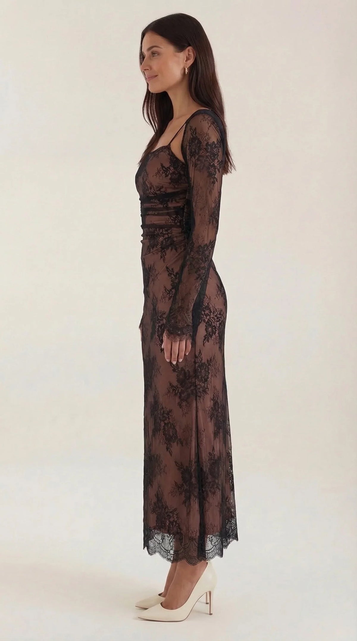 Lace Square Neck Long Sleeve Maxi Dress – Lace-Up Back Evening Gown