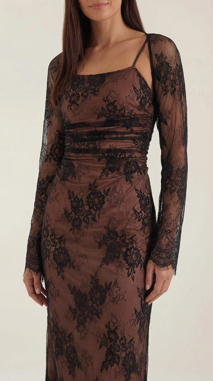 Lace Square Neck Long Sleeve Maxi Dress – Lace-Up Back Evening Gown