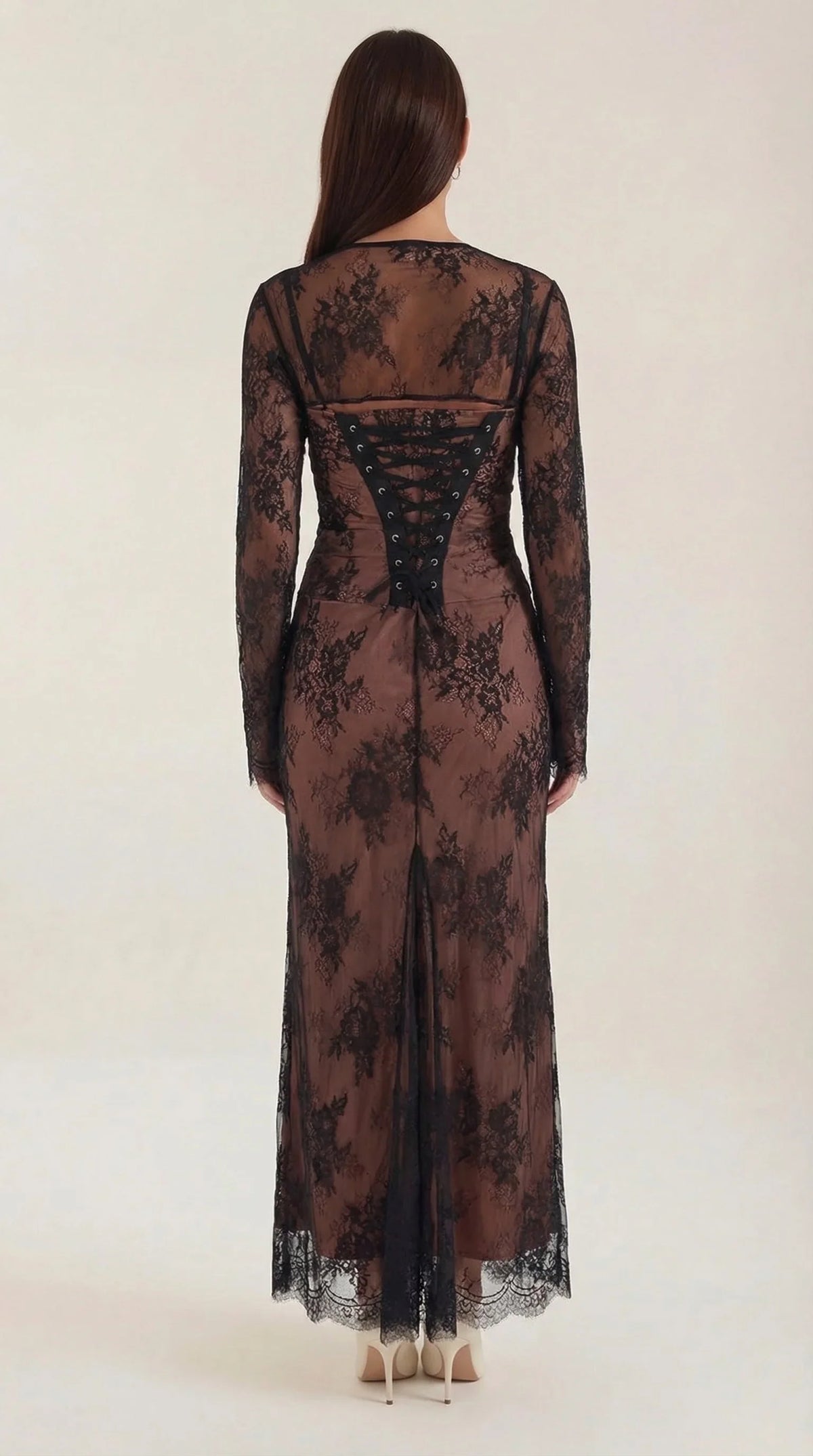 Lace Square Neck Long Sleeve Maxi Dress – Lace-Up Back Evening Gown