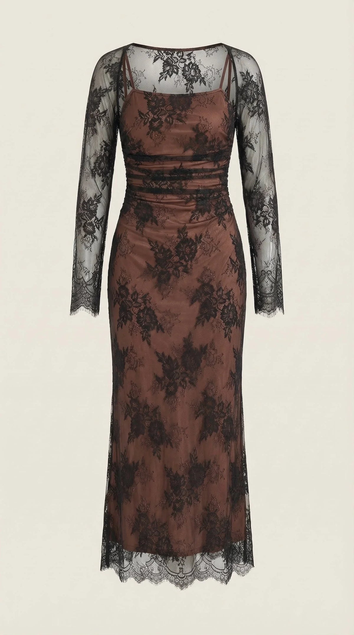 Lace Square Neck Long Sleeve Maxi Dress – Lace-Up Back Evening Gown