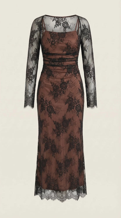 Lace Square Neck Long Sleeve Maxi Dress – Lace-Up Back Evening Gown