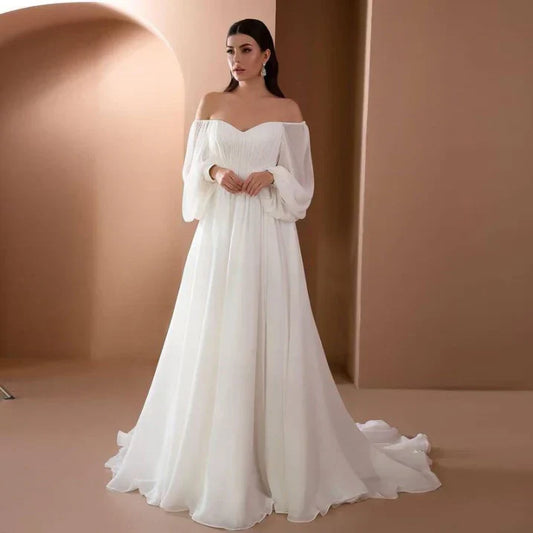 Off the Shoulder Long Sleeve A-Line Wedding Dress with Train