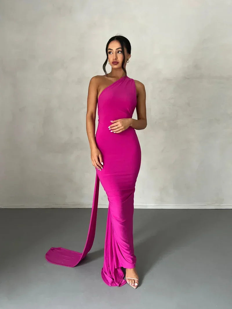 One Shoulder Halter Ruched Maxi Dress – Open Back Side Split