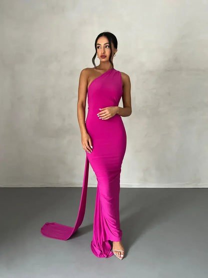 One Shoulder Halter Ruched Maxi Dress – Open Back Side Split