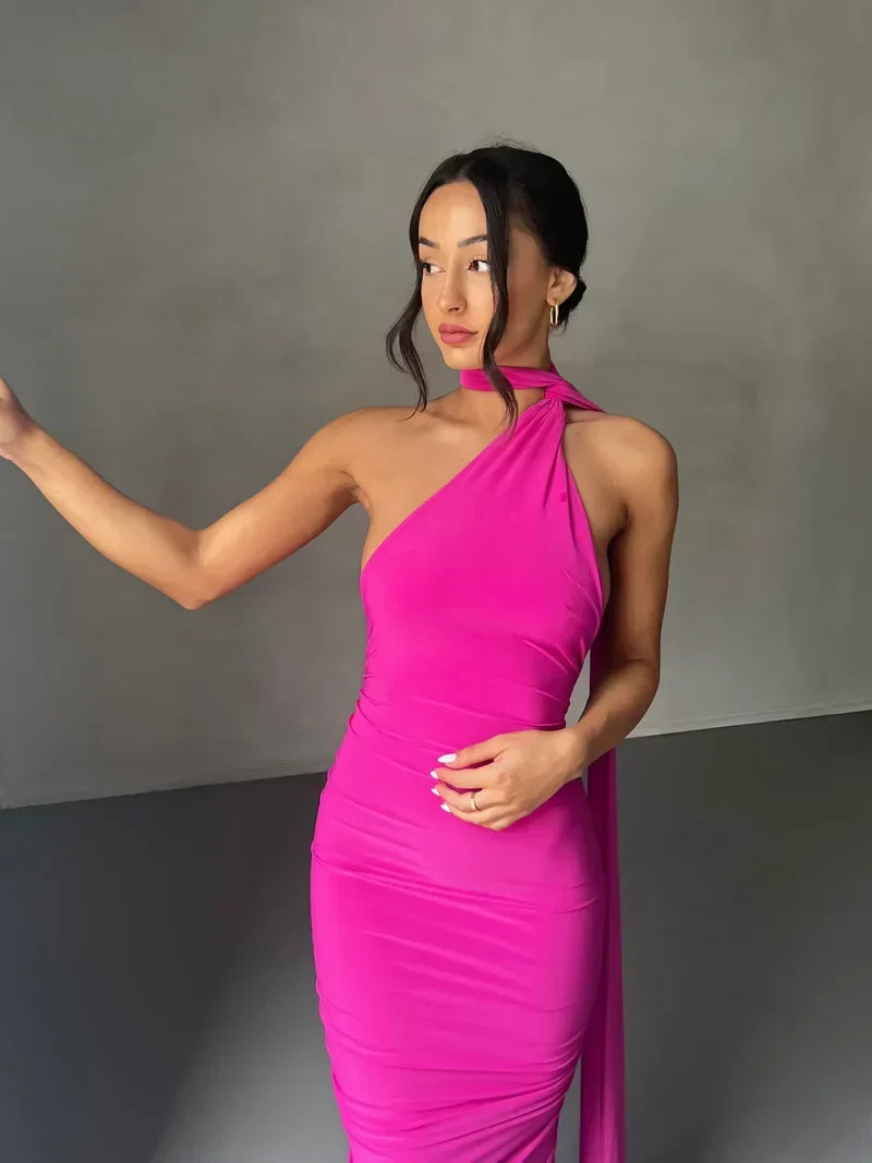 One Shoulder Halter Ruched Maxi Dress – Open Back Side Split