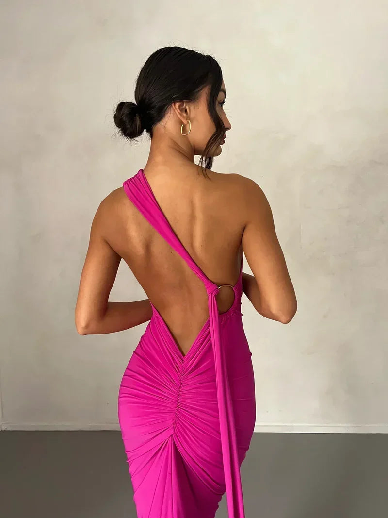 One Shoulder Halter Ruched Maxi Dress – Open Back Side Split