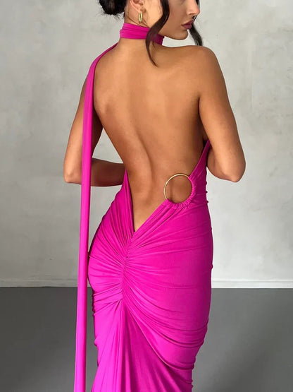 One Shoulder Halter Ruched Maxi Dress – Open Back Side Split