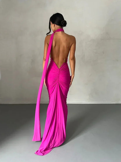 One Shoulder Halter Ruched Maxi Dress – Open Back Side Split