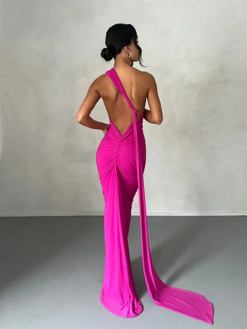 One Shoulder Halter Ruched Maxi Dress – Open Back Side Split
