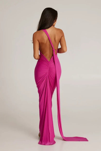 One Shoulder Halter Ruched Maxi Dress – Open Back Side Split