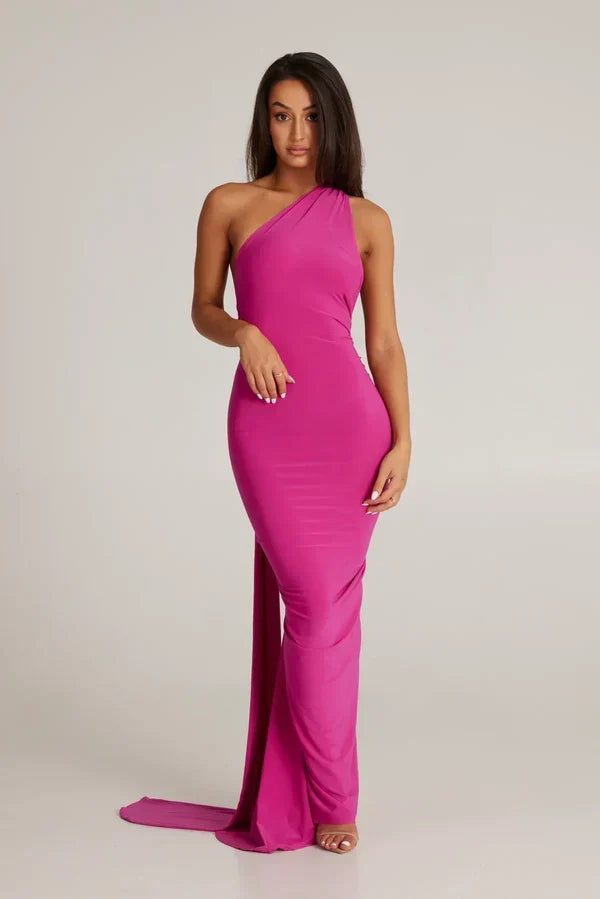 One Shoulder Halter Ruched Maxi Dress – Open Back Side Split