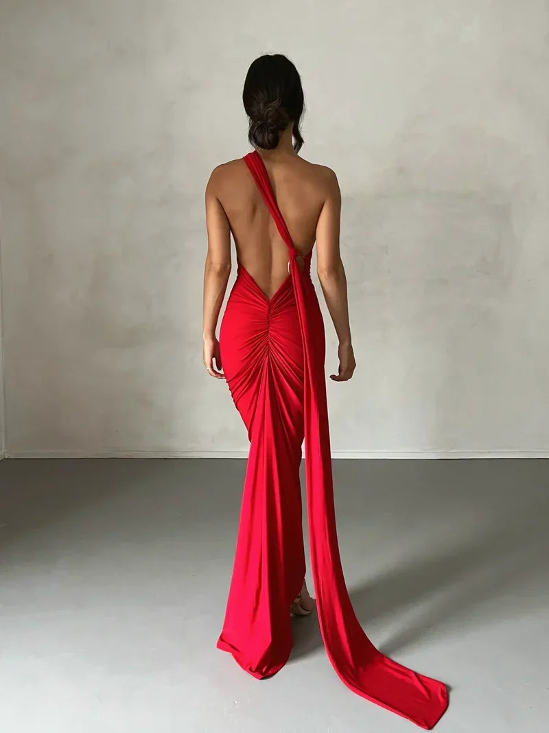 One Shoulder Halter Ruched Maxi Dress – Open Back Side Split