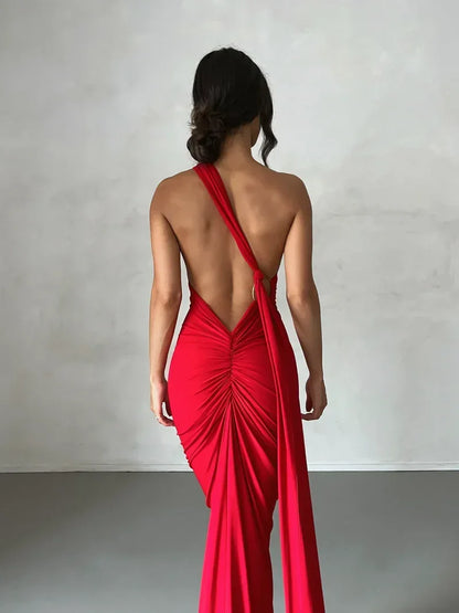 One Shoulder Halter Ruched Maxi Dress – Open Back Side Split