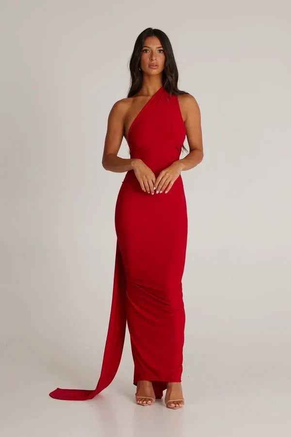 One Shoulder Halter Ruched Maxi Dress – Open Back Side Split