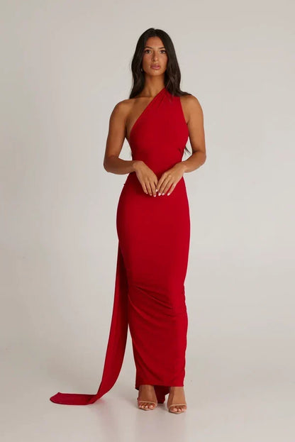 One Shoulder Halter Ruched Maxi Dress – Open Back Side Split
