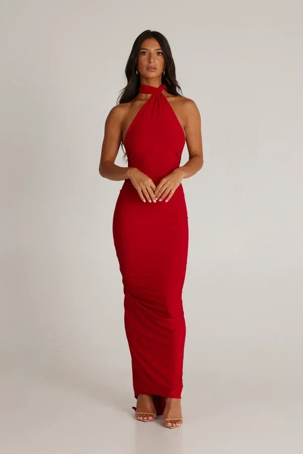 One Shoulder Halter Ruched Maxi Dress – Open Back Side Split