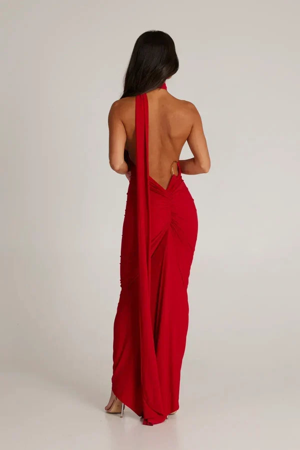 One Shoulder Halter Ruched Maxi Dress – Open Back Side Split