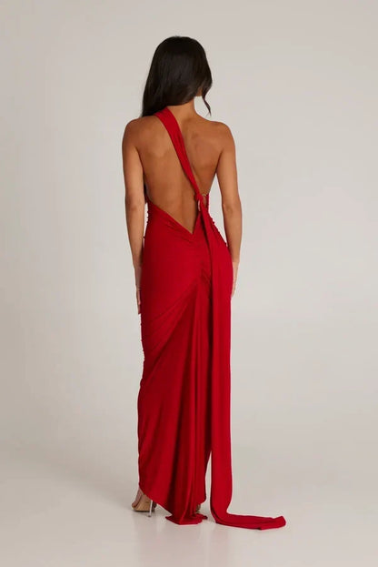 One Shoulder Halter Ruched Maxi Dress – Open Back Side Split