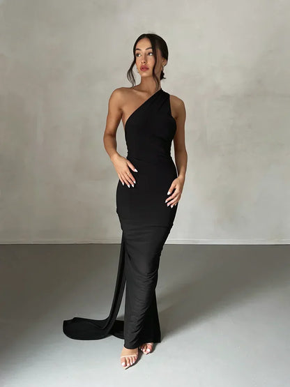 One Shoulder Halter Ruched Maxi Dress – Open Back Side Split
