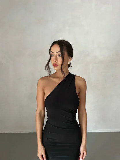 One Shoulder Halter Ruched Maxi Dress – Open Back Side Split