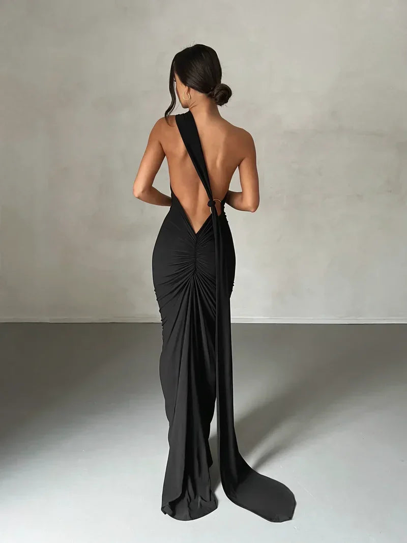One Shoulder Halter Ruched Maxi Dress – Open Back Side Split