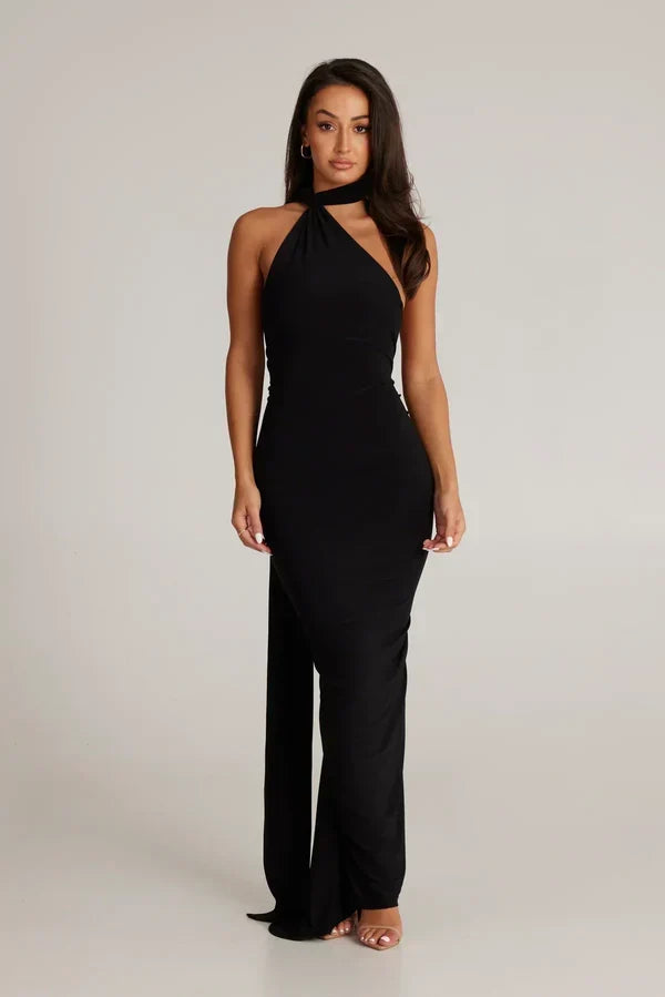 One Shoulder Halter Ruched Maxi Dress – Open Back Side Split