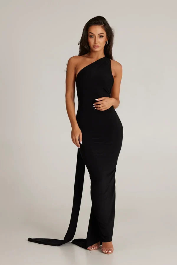 One Shoulder Halter Ruched Maxi Dress – Open Back Side Split