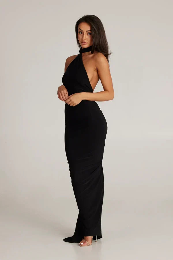 One Shoulder Halter Ruched Maxi Dress – Open Back Side Split