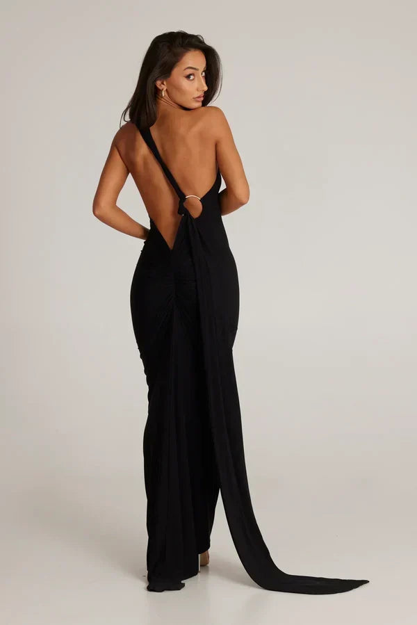 One Shoulder Halter Ruched Maxi Dress – Open Back Side Split