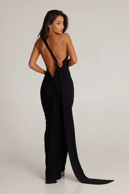 One Shoulder Halter Ruched Maxi Dress – Open Back Side Split
